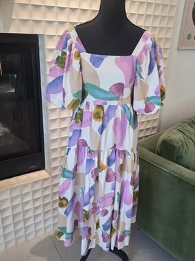 Entro Watercolor Abstract Print Tiered Midi Dress Puff Sleeve Smocked Back Small